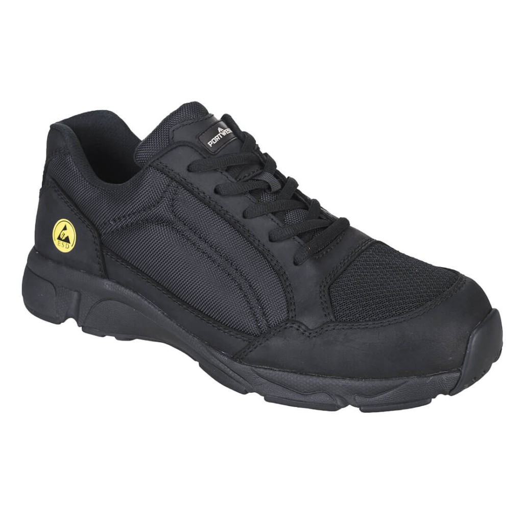 A safety trainer with a composite toecap, a cushioned insole, and a lightweight anti-slip sole, suitable for lighter-duty site work.