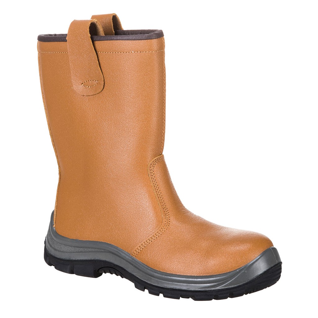 A tan composite safety boot with an anti-slip sole and padded collar, designed for comfort and protection during extended site work.