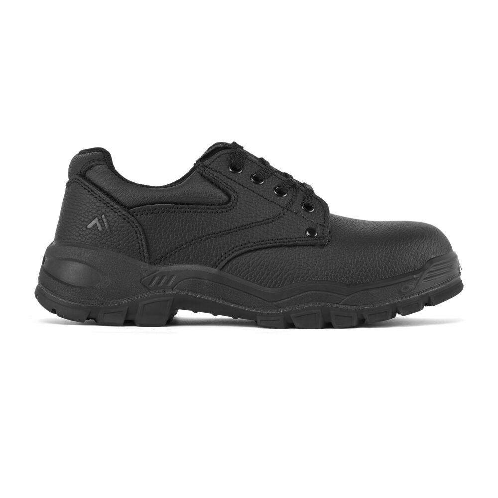A black safety trainer with a composite toecap, a cushioned insole, and a lightweight anti-slip sole, suitable for lighter-duty site work.