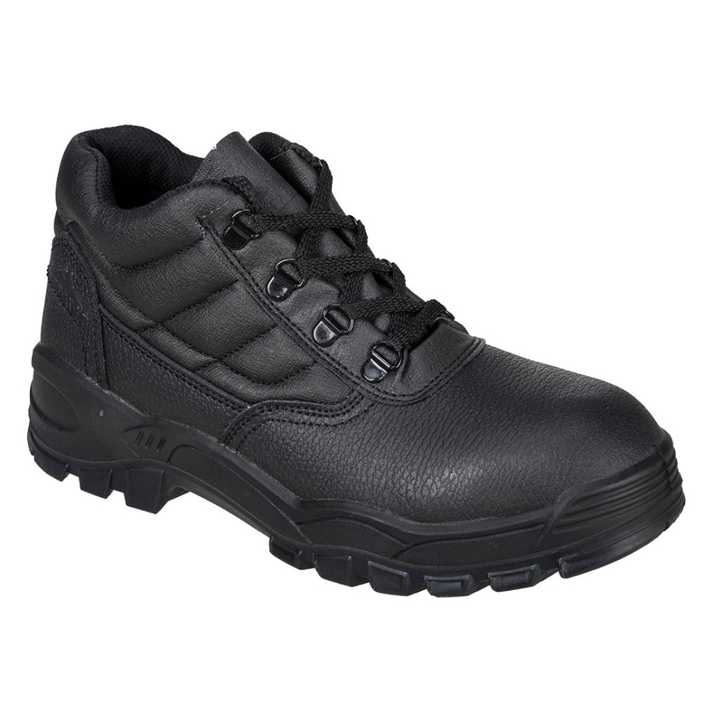 A black composite safety boot with an anti-slip sole and padded collar, designed for comfort and protection during extended site work.