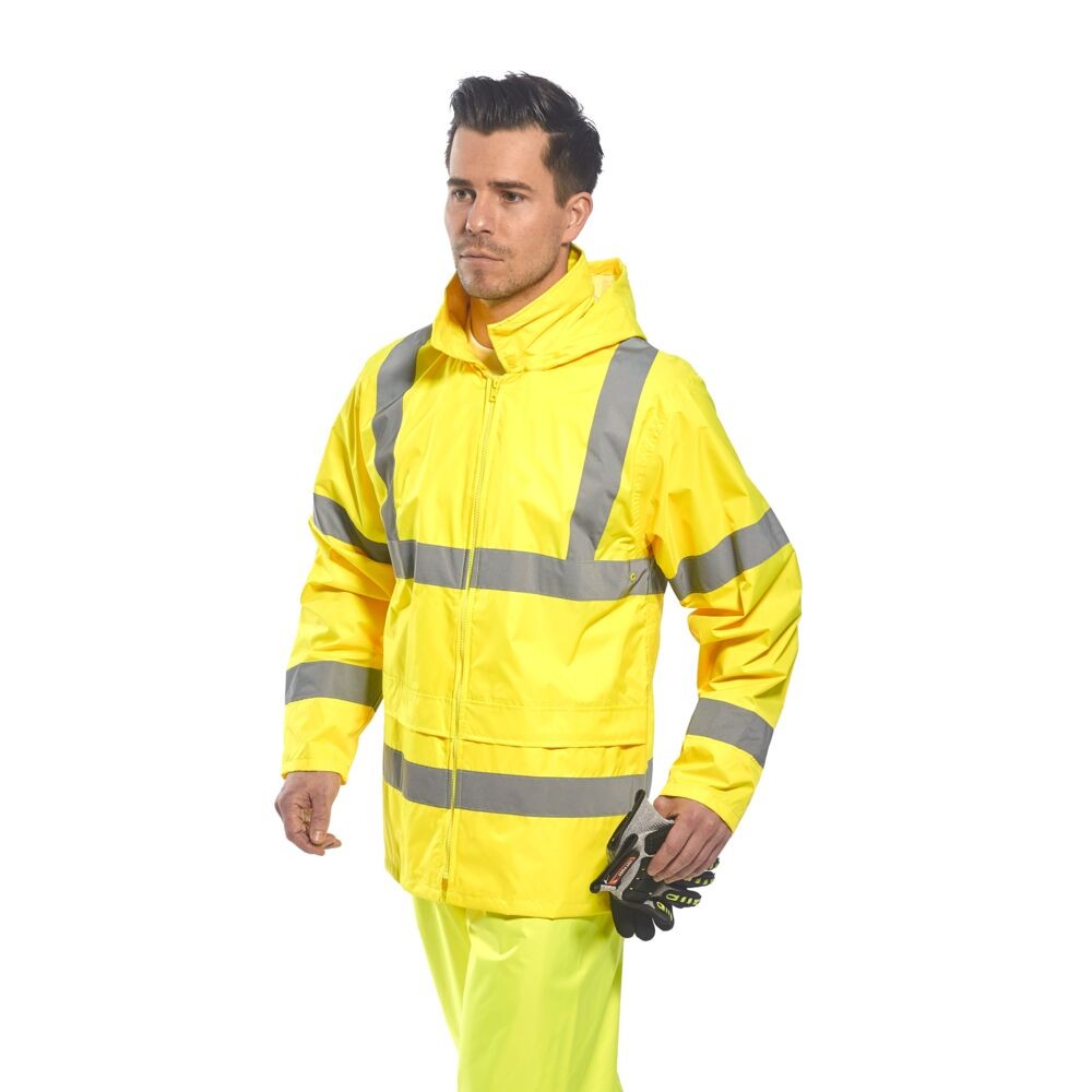 A high-visibility yellow waterproof jacket featuring retroreflective tape panels, suitable for a wide range of outdoor and site work applications.