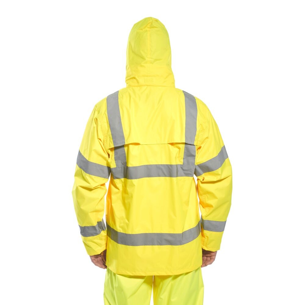 A high-visibility yellow waterproof jacket featuring retroreflective tape panels, suitable for a wide range of outdoor and site work applications.