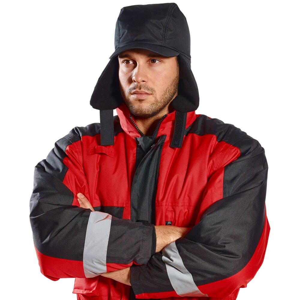 A black workwear garment designed for use on construction sites and in industrial work environments.,