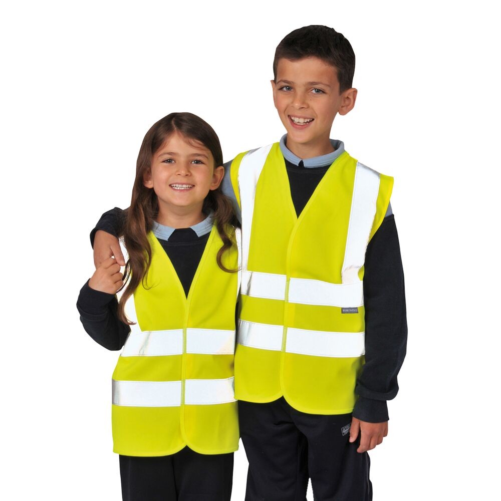 A children's high-visibility yellow vest featuring retroreflective tape panels, suitable for a wide range of outdoor and site work applications.