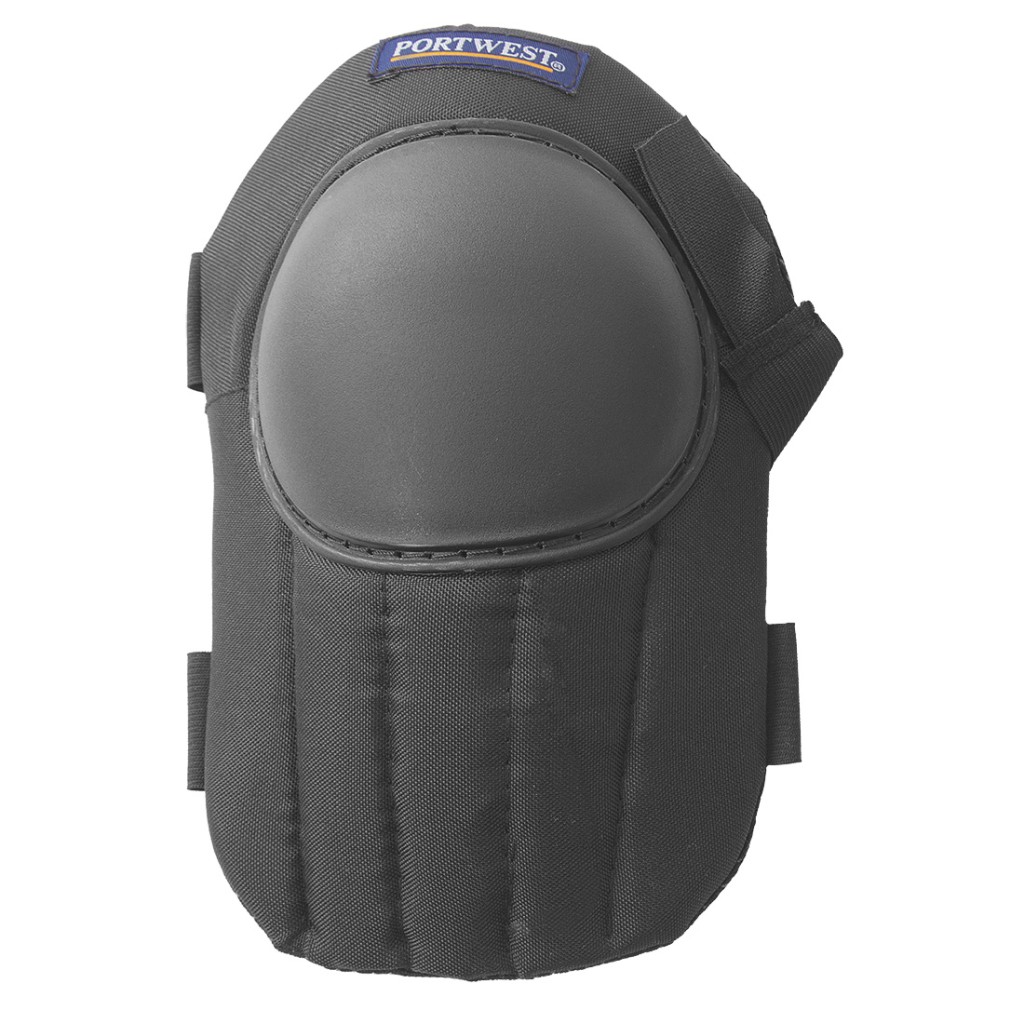 A pair of black foam-padded knee pads with adjustable straps, designed to protect the knees during kneeling work.