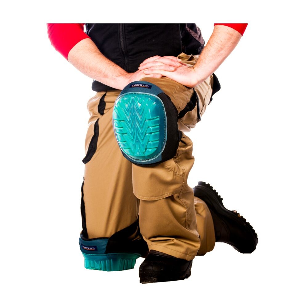 A pair of foam-padded knee pads with adjustable straps, designed to protect the knees during kneeling work.