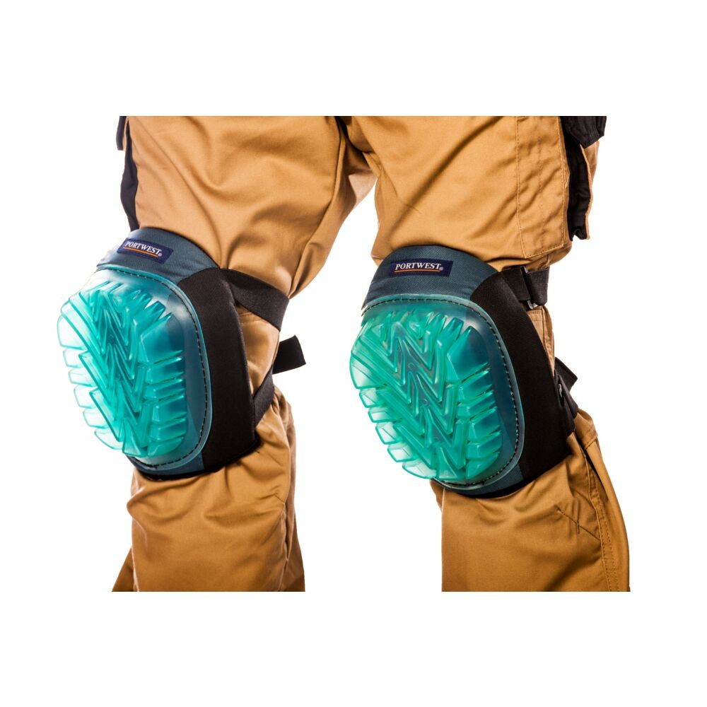 A pair of foam-padded knee pads with adjustable straps, designed to protect the knees during kneeling work.