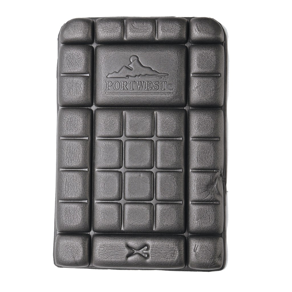 A pair of foam-padded knee pads with adjustable straps, designed to protect the knees during kneeling work.