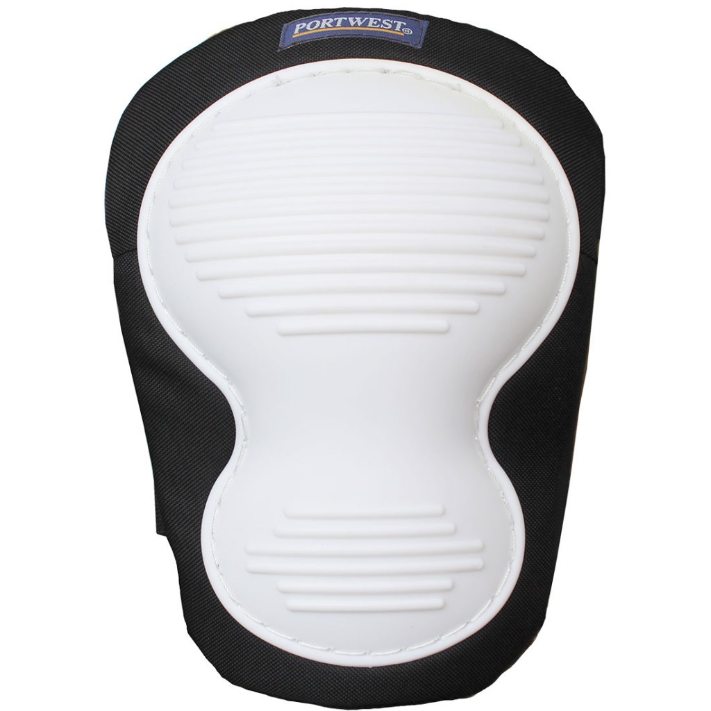 A pair of foam-padded knee pads with adjustable straps, designed to protect the knees during kneeling work.