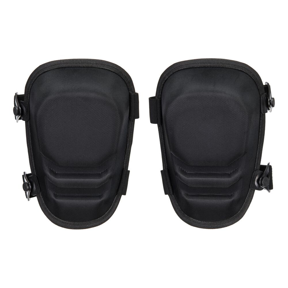 A pair of foam-padded knee pads with adjustable straps, designed to protect the knees during kneeling work.