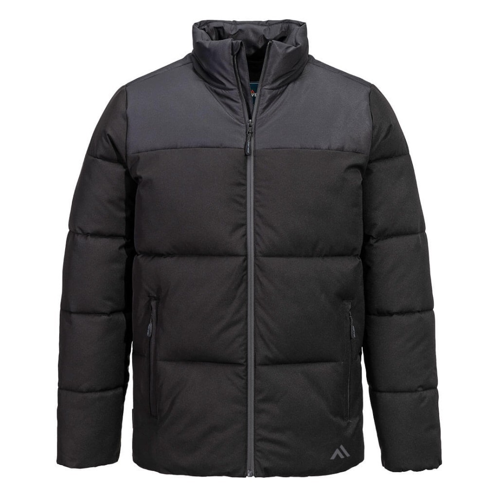 A black padded jacket featuring a warm thermal lining, suitable for a wide range of outdoor and site work applications.