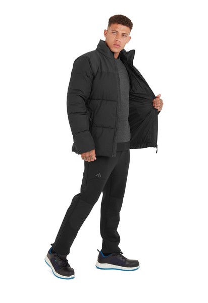 A black padded jacket featuring a warm thermal lining, suitable for a wide range of outdoor and site work applications.