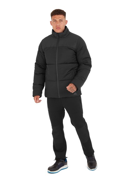 A black padded jacket featuring a warm thermal lining, suitable for a wide range of outdoor and site work applications.