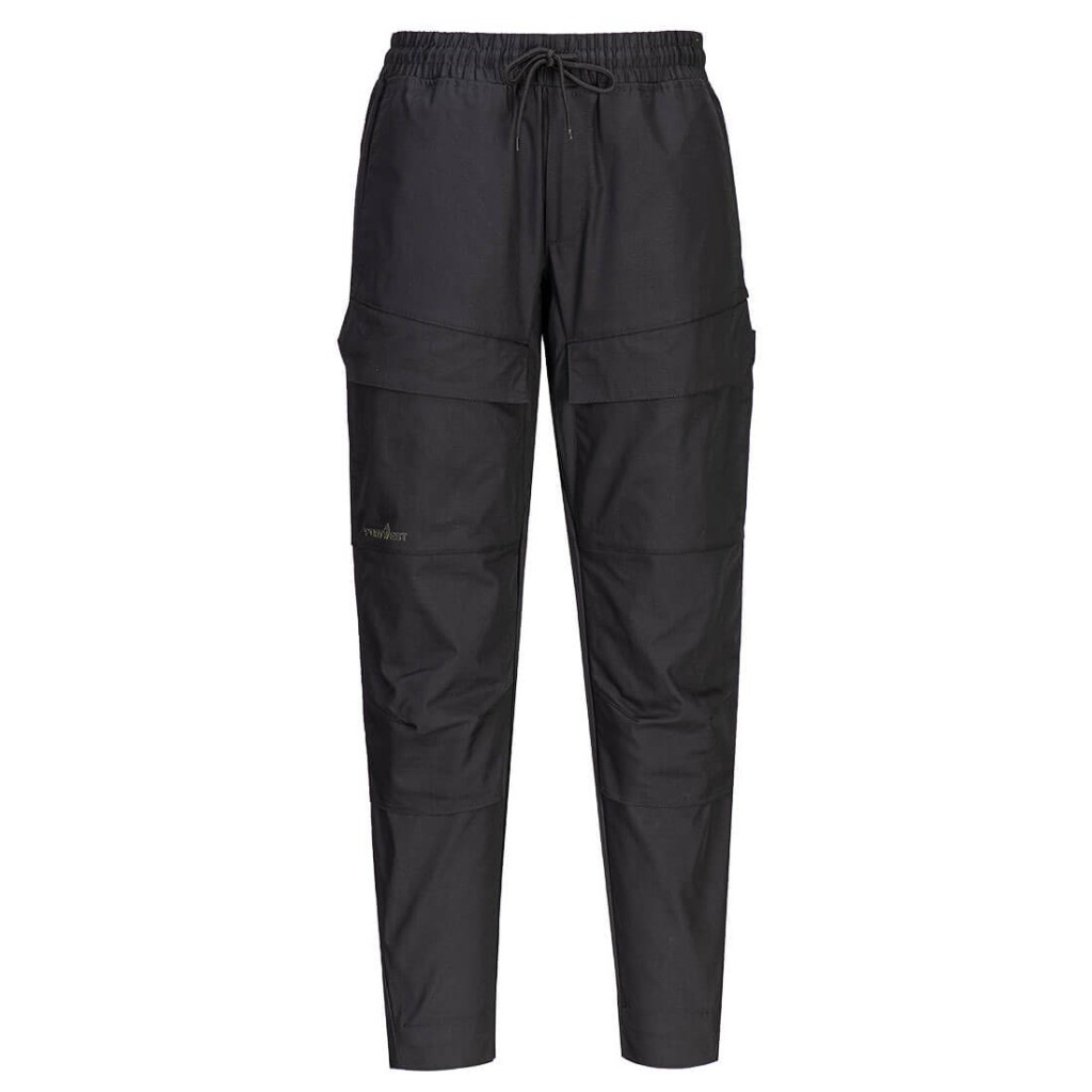 A pair of black work trousers designed for use on construction sites and in industrial work environments.,