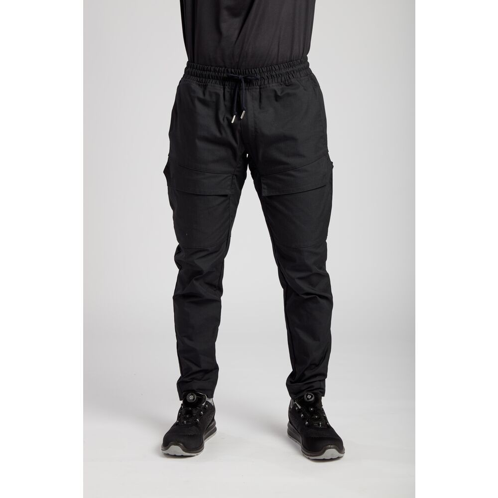 A pair of black work trousers designed for use on construction sites and in industrial work environments.,