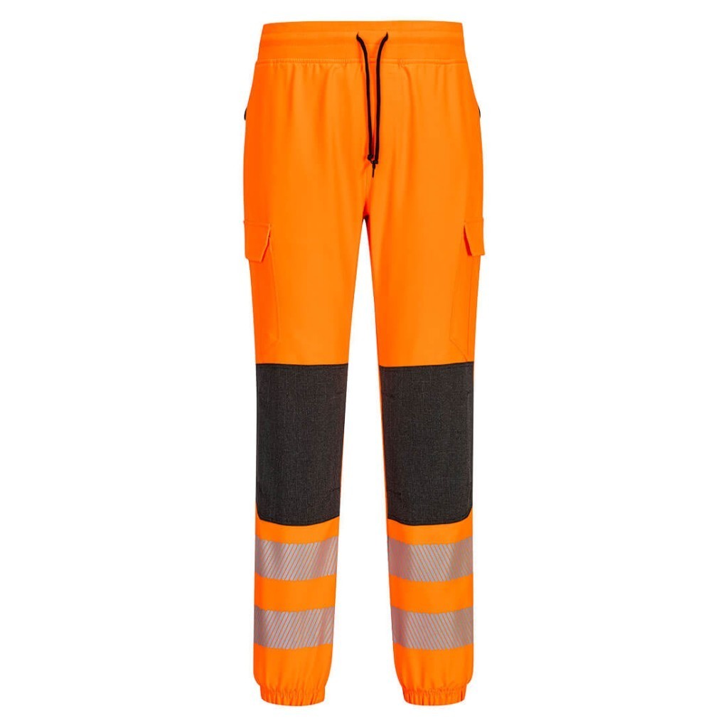 A high-visibility orange workwear garment featuring retroreflective tape panels, stretch panels for ease of movement, suitable for a wide range of outdoor and site work applications.