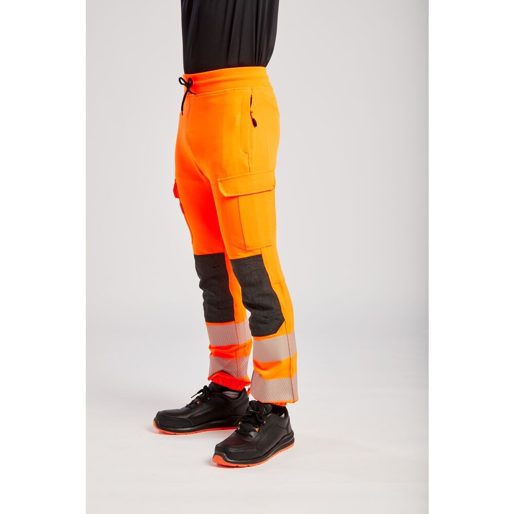 A high-visibility orange workwear garment featuring retroreflective tape panels, stretch panels for ease of movement, suitable for a wide range of outdoor and site work applications.