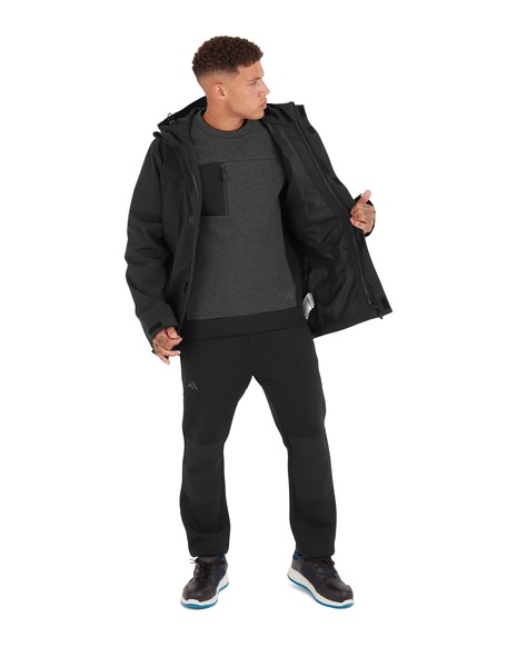 A black jacket designed for use on construction sites and in industrial work environments.,