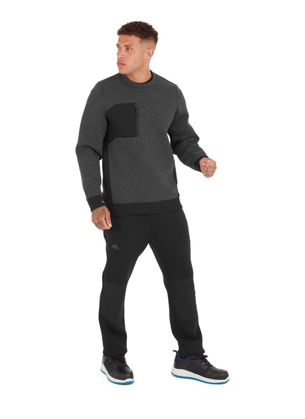A grey work shirt designed for use on construction sites and in industrial work environments.,