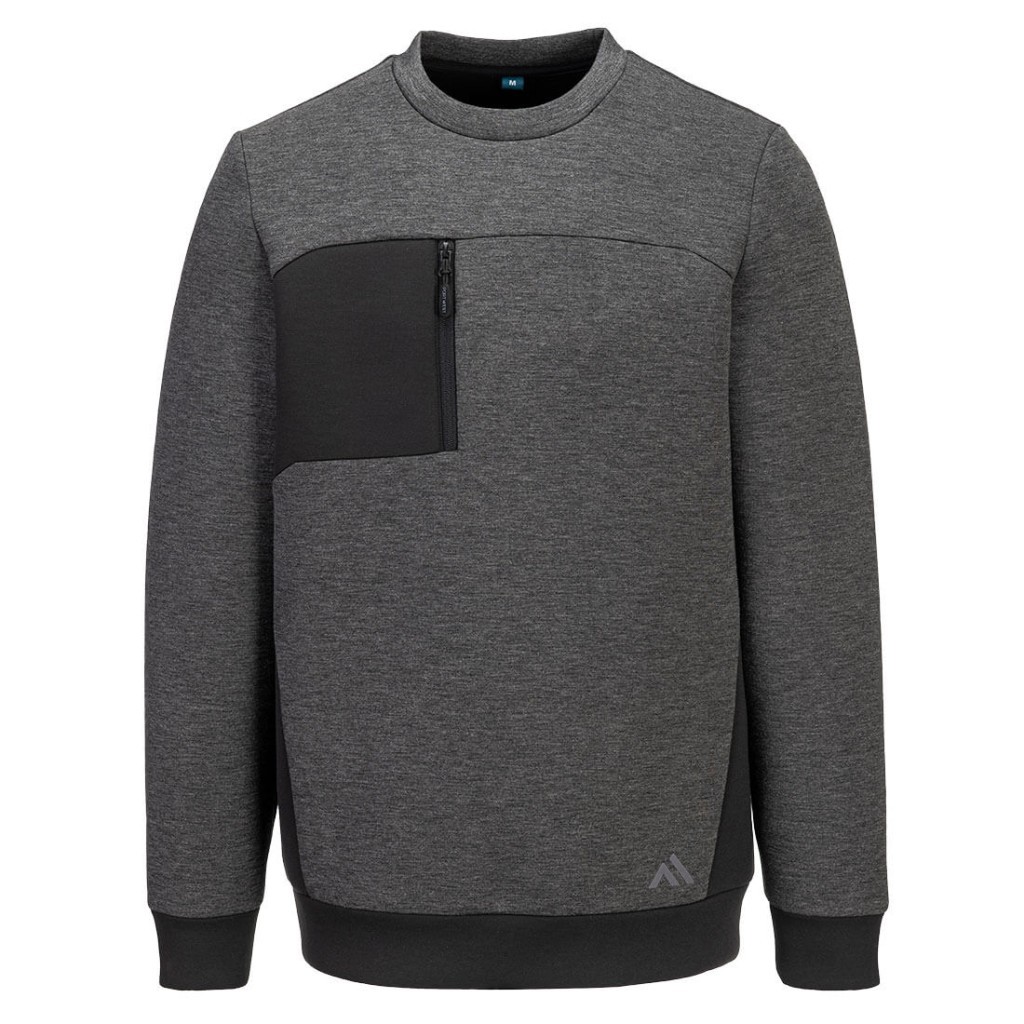 A grey work shirt designed for use on construction sites and in industrial work environments.,