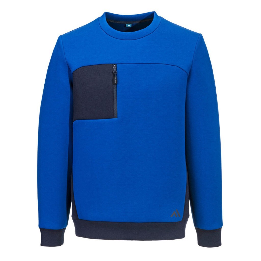 A navy blue work shirt designed for use on construction sites and in industrial work environments.,