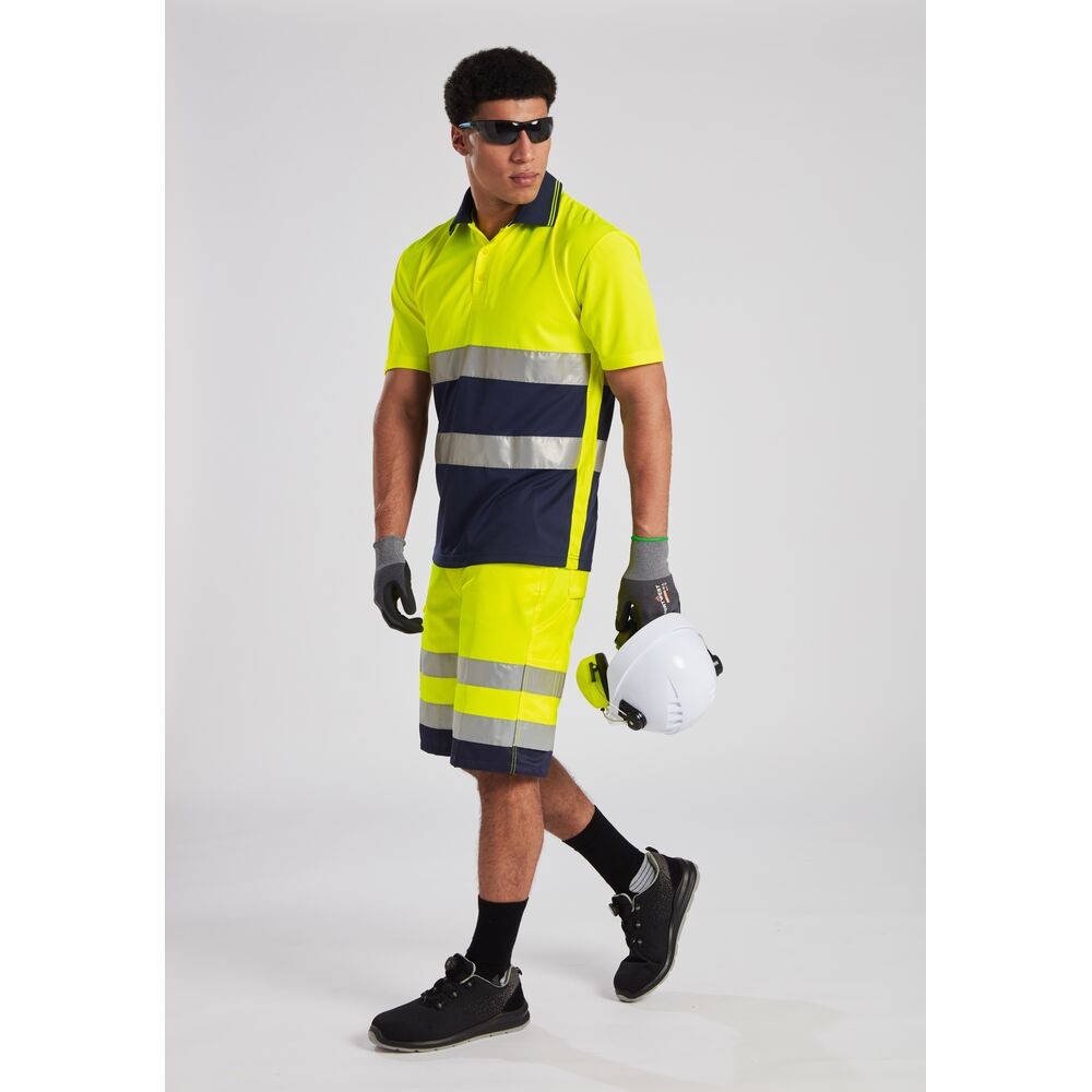 A high-visibility yellow workwear garment featuring retroreflective tape panels, suitable for a wide range of outdoor and site work applications.