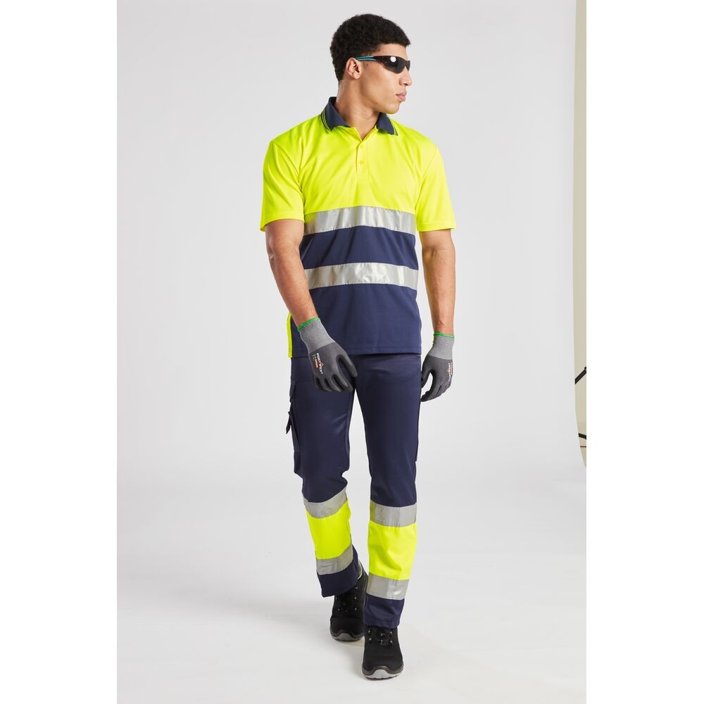 A pair of high-visibility yellow trousers featuring retroreflective tape panels, suitable for a wide range of outdoor and site work applications.