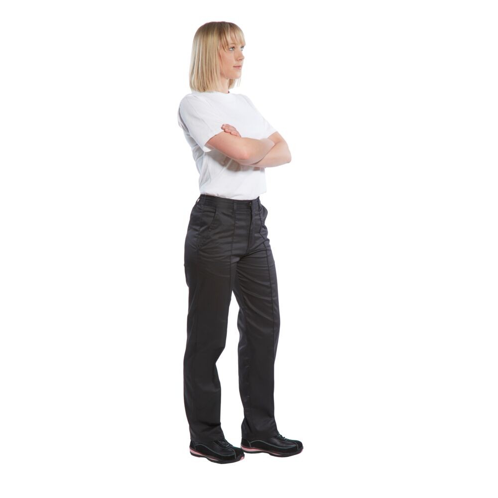 A pair of women's navy blue work trousers designed for use on construction sites and in industrial work environments.,