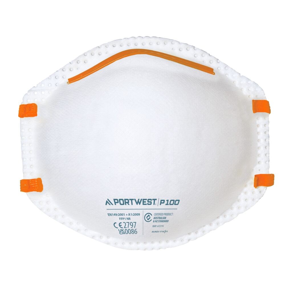 An FFP1-rated disposable dust mask with a pleated body and an elasticated head strap, providing basic nuisance dust protection.