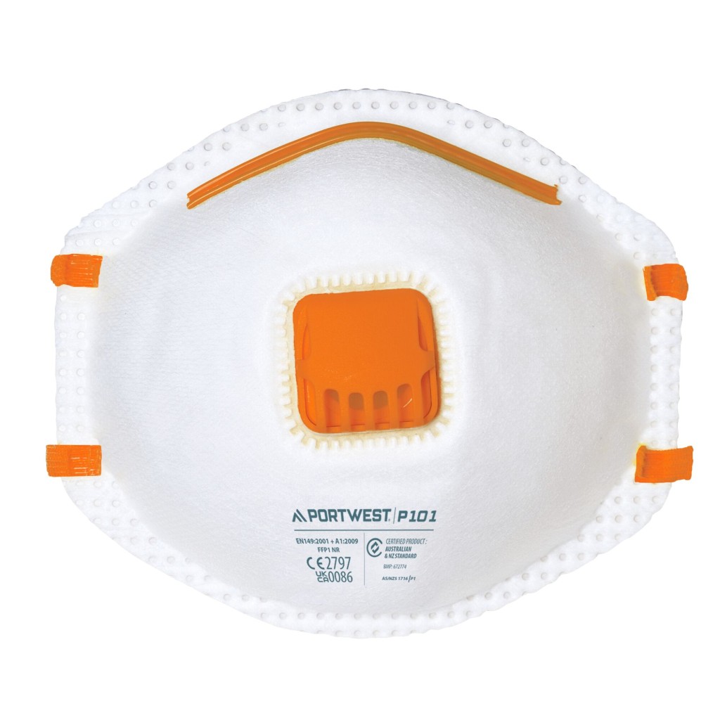 An FFP1-rated disposable dust mask with a pleated body and an elasticated head strap, providing basic nuisance dust protection.