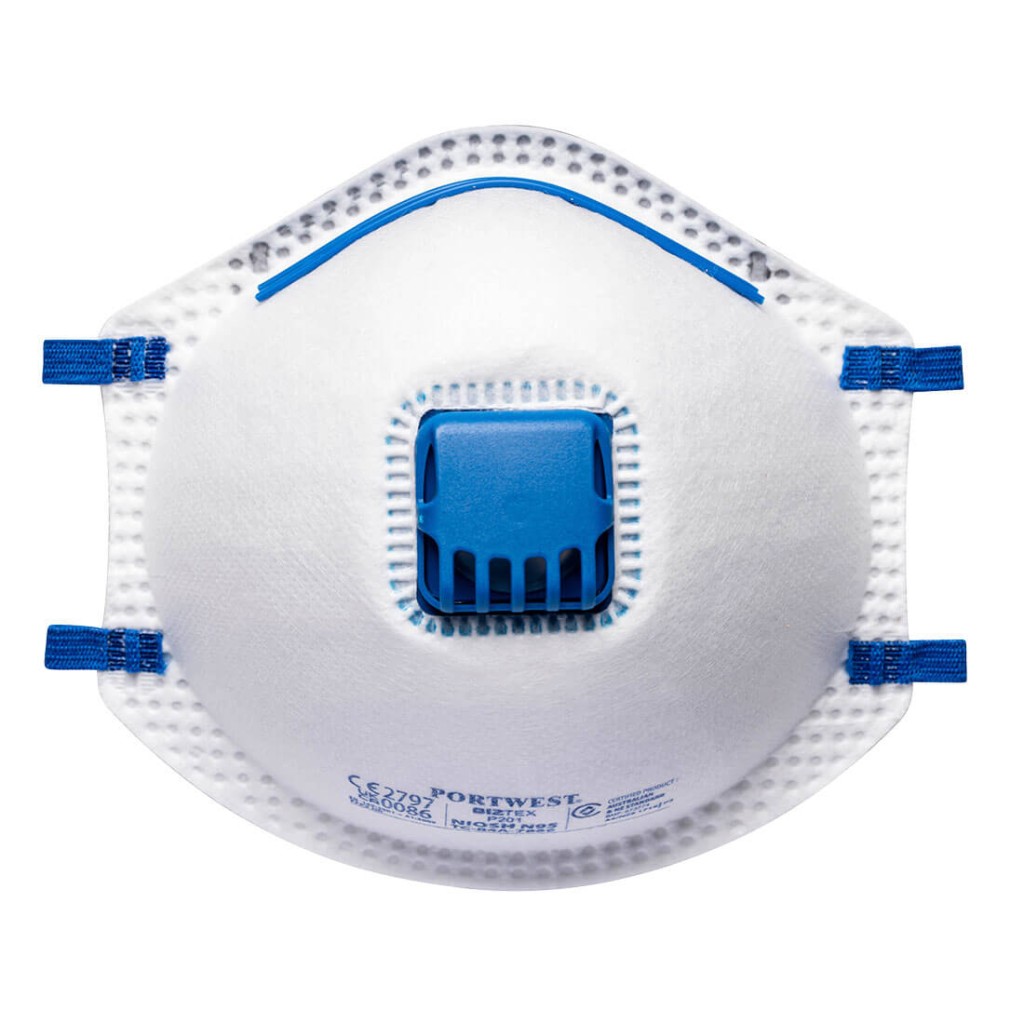 An FFP2-rated disposable dust mask with a moulded face piece and nose wire, offering protection against medium-level dust and particulates.