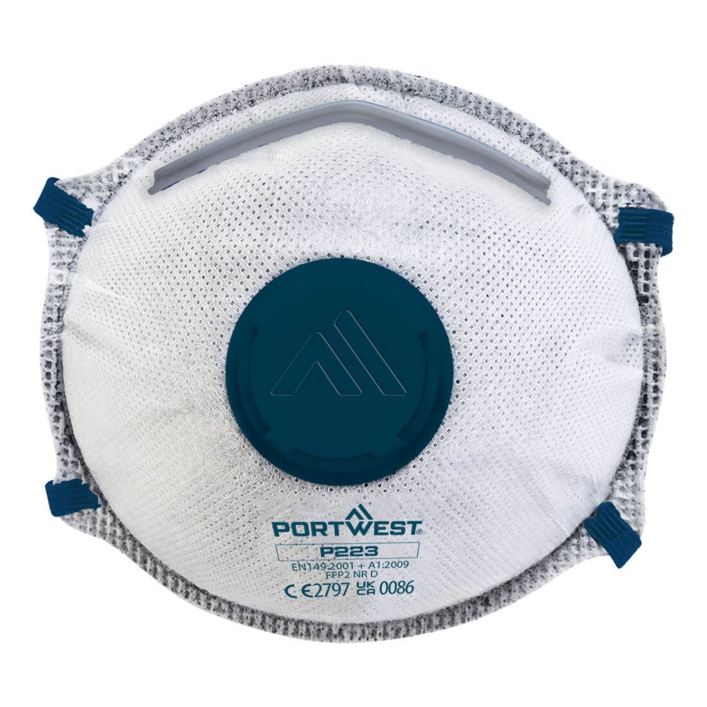 An FFP2-rated disposable dust mask with a moulded face piece and nose wire, offering protection against medium-level dust and particulates.