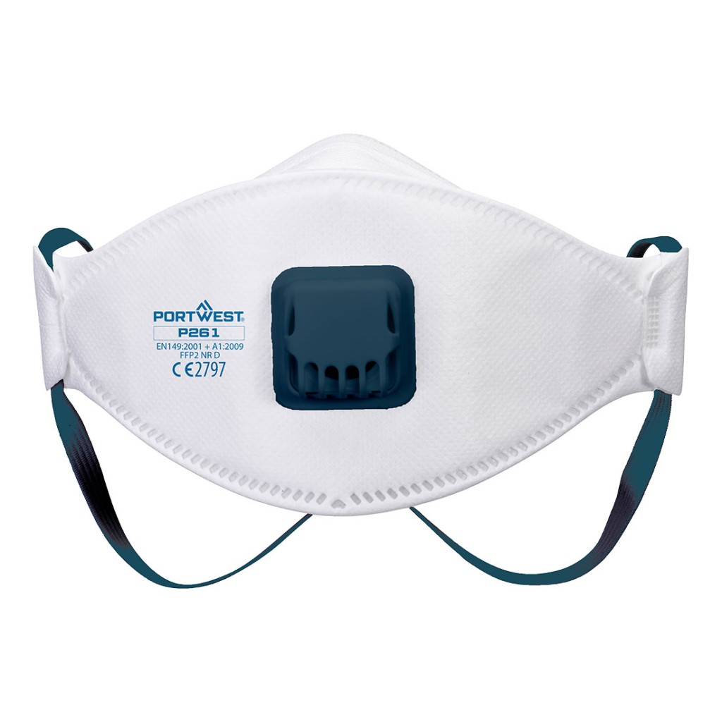 An FFP2-rated disposable dust mask with a moulded face piece and nose wire, offering protection against medium-level dust and particulates.