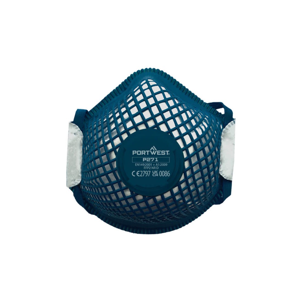 An FFP2-rated disposable dust mask with a moulded face piece and nose wire, offering protection against medium-level dust and particulates.