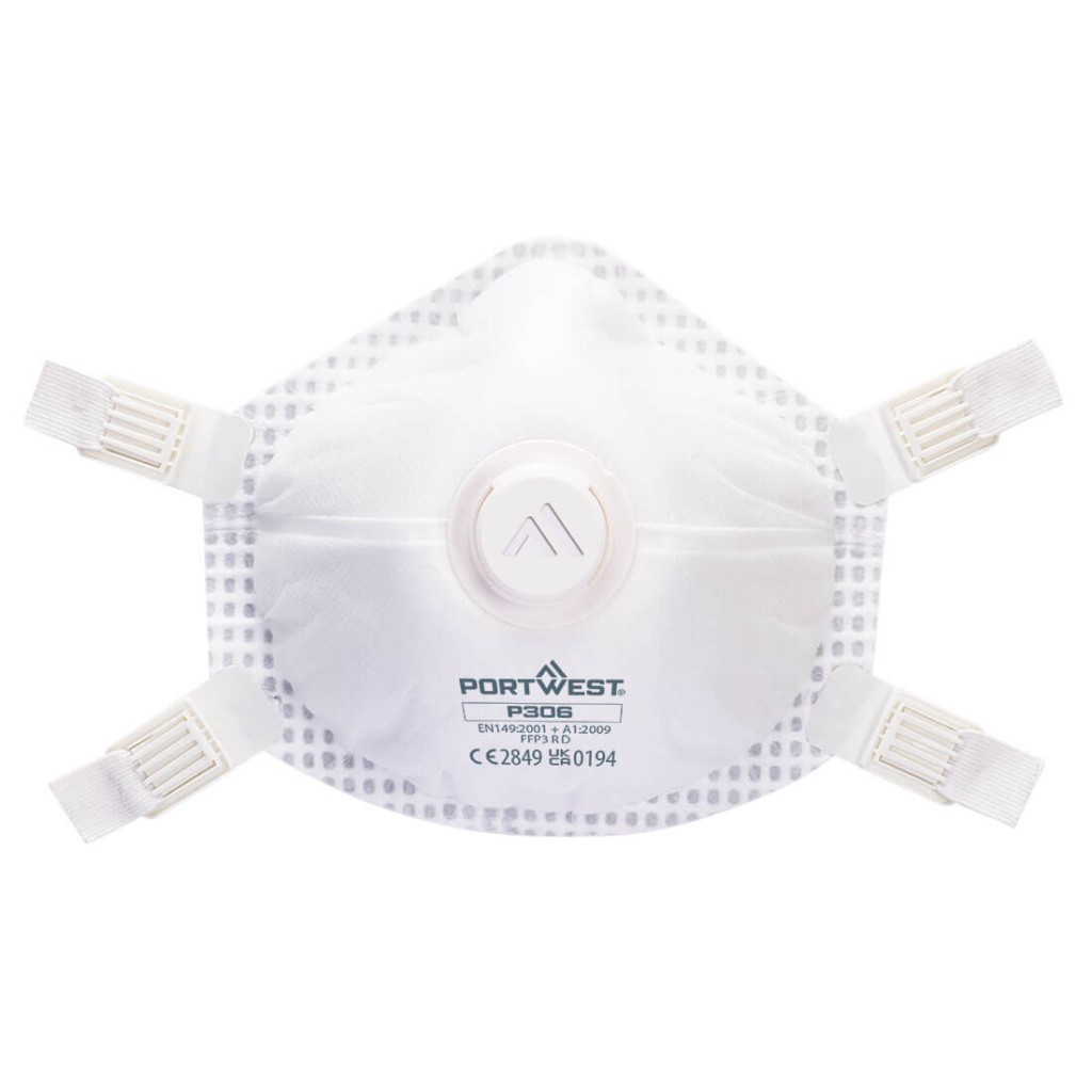 An FFP3-rated disposable respirator with a moulded cup shape and an exhalation valve, providing high-filtration protection against fine dust and particles.
