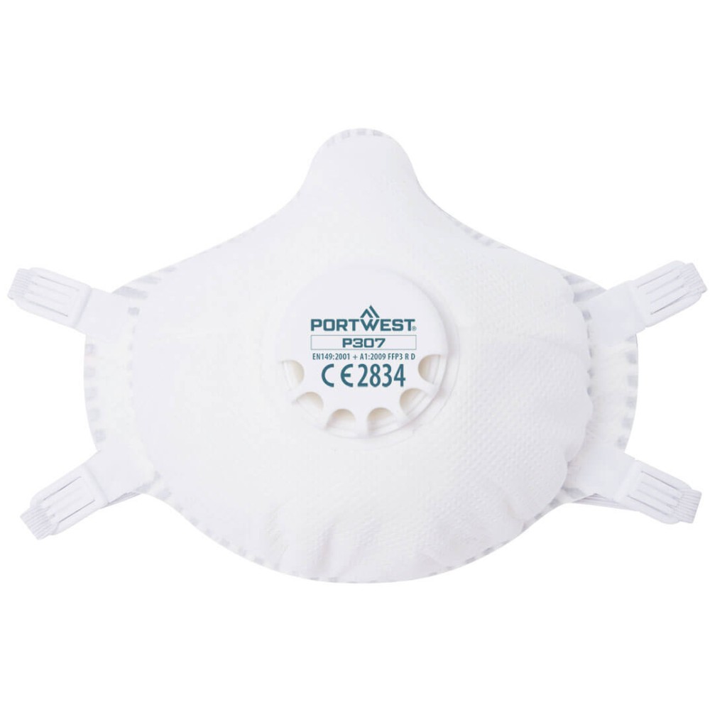 An FFP3-rated disposable respirator with a moulded cup shape and an exhalation valve, providing high-filtration protection against fine dust and particles.