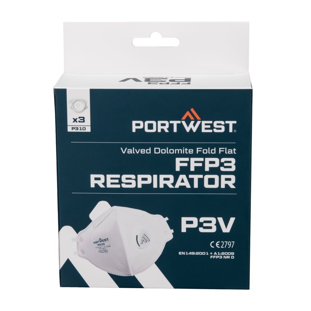 An FFP3-rated disposable respirator with a moulded cup shape and an exhalation valve, providing high-filtration protection against fine dust and particles.
