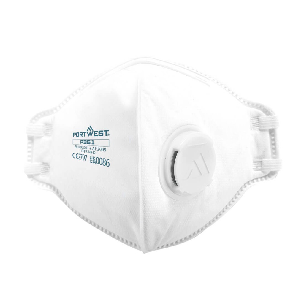 An FFP3-rated disposable respirator with a moulded cup shape and an exhalation valve, providing high-filtration protection against fine dust and particles.