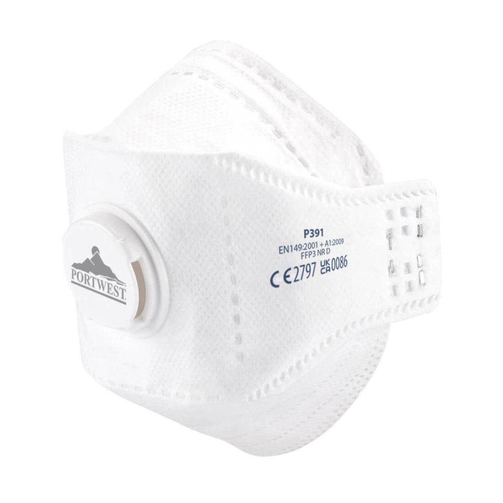 An FFP3-rated disposable respirator with a moulded cup shape and an exhalation valve, providing high-filtration protection against fine dust and particles.