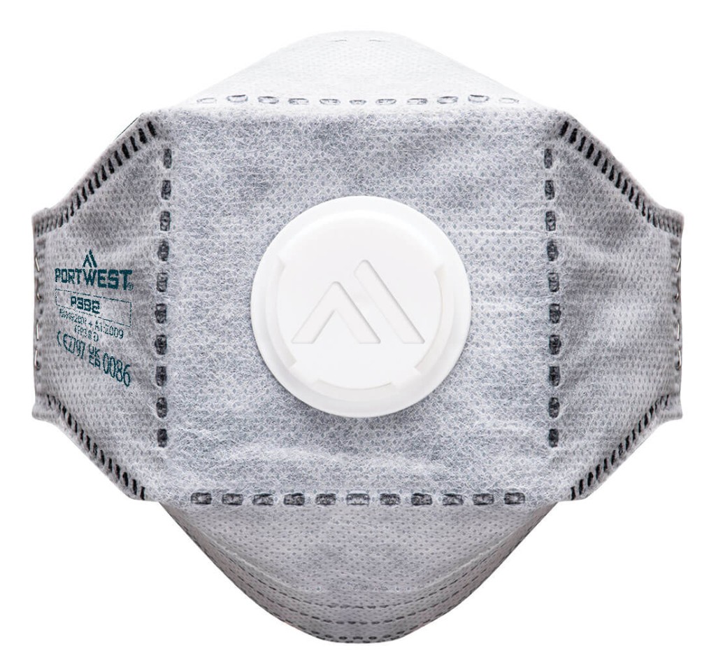 An FFP3-rated disposable respirator with a moulded cup shape and an exhalation valve, providing high-filtration protection against fine dust and particles.