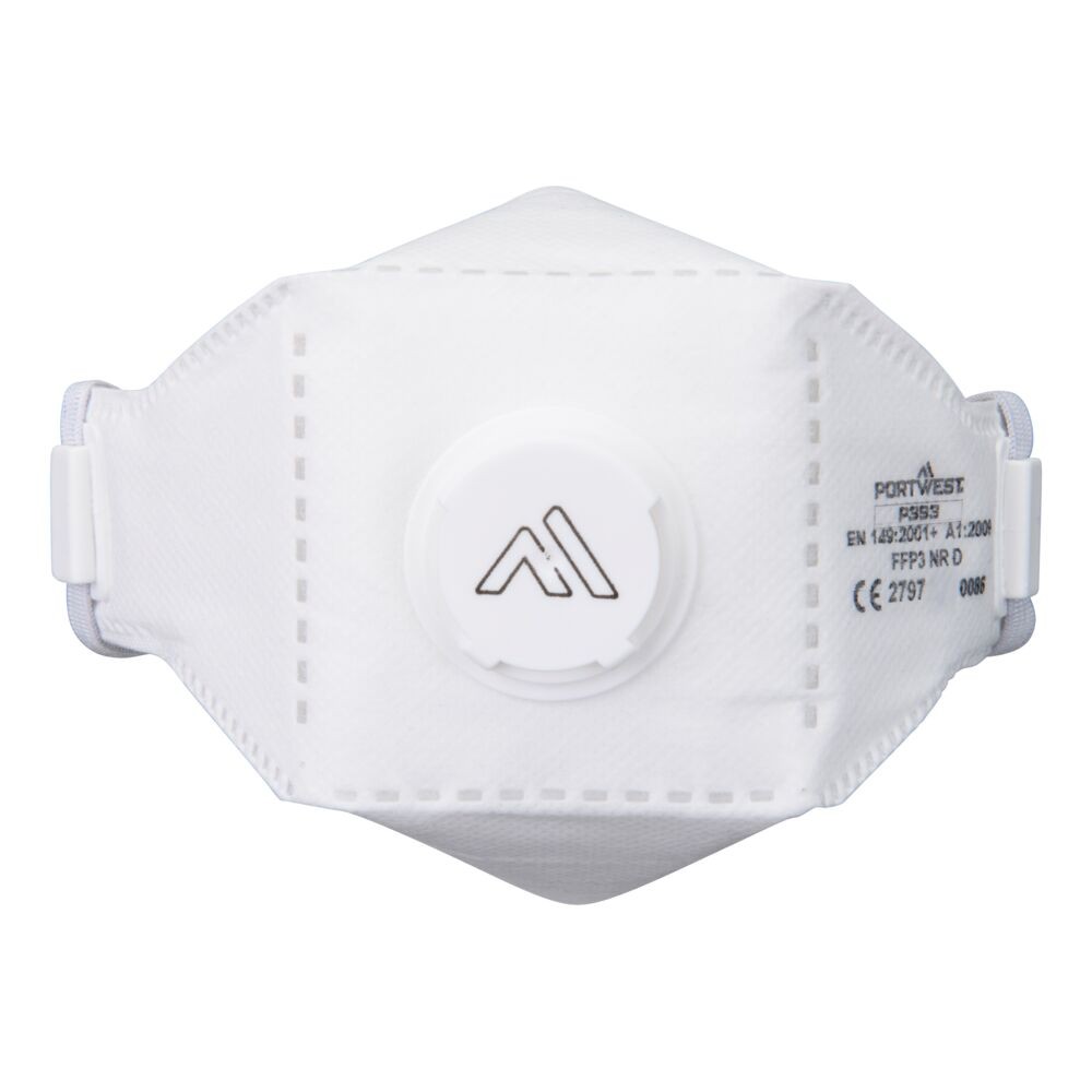 An FFP3-rated disposable respirator with a moulded cup shape and an exhalation valve, providing high-filtration protection against fine dust and particles.