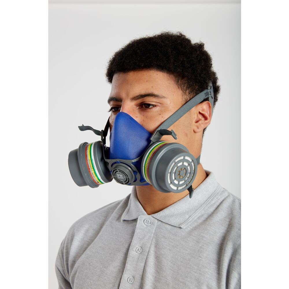 A moulded disposable dust mask with a nose clip and elasticated headbands, designed to filter airborne particulates during dusty work.