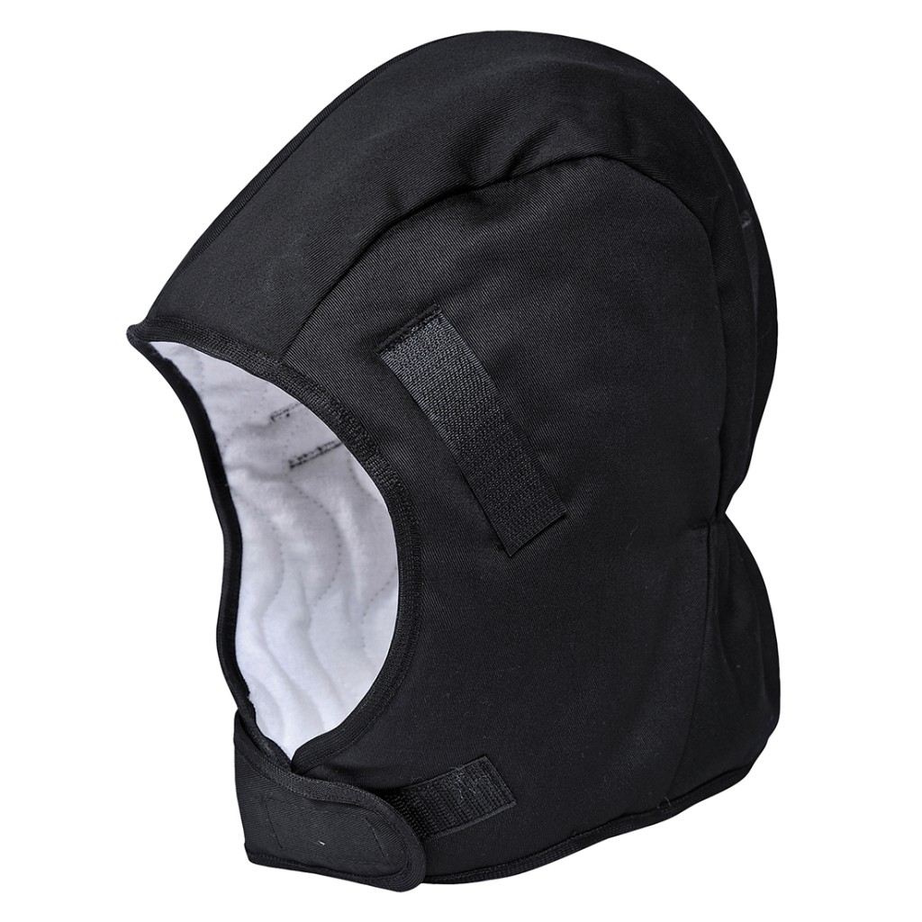 A black safety helmet with an adjustable suspension harness and ventilation slots, providing impact protection on construction sites.