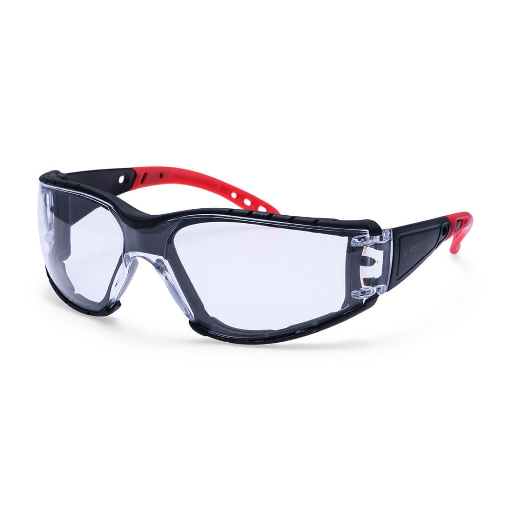 A pair of safety spectacles with clear impact-resistant lenses and adjustable side arms, for eye protection during site work.