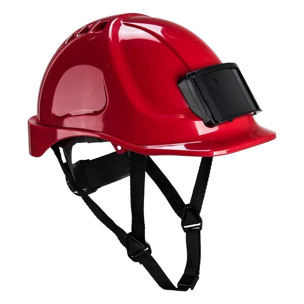 A red safety helmet with an adjustable suspension harness and ventilation slots, providing impact protection on construction sites.