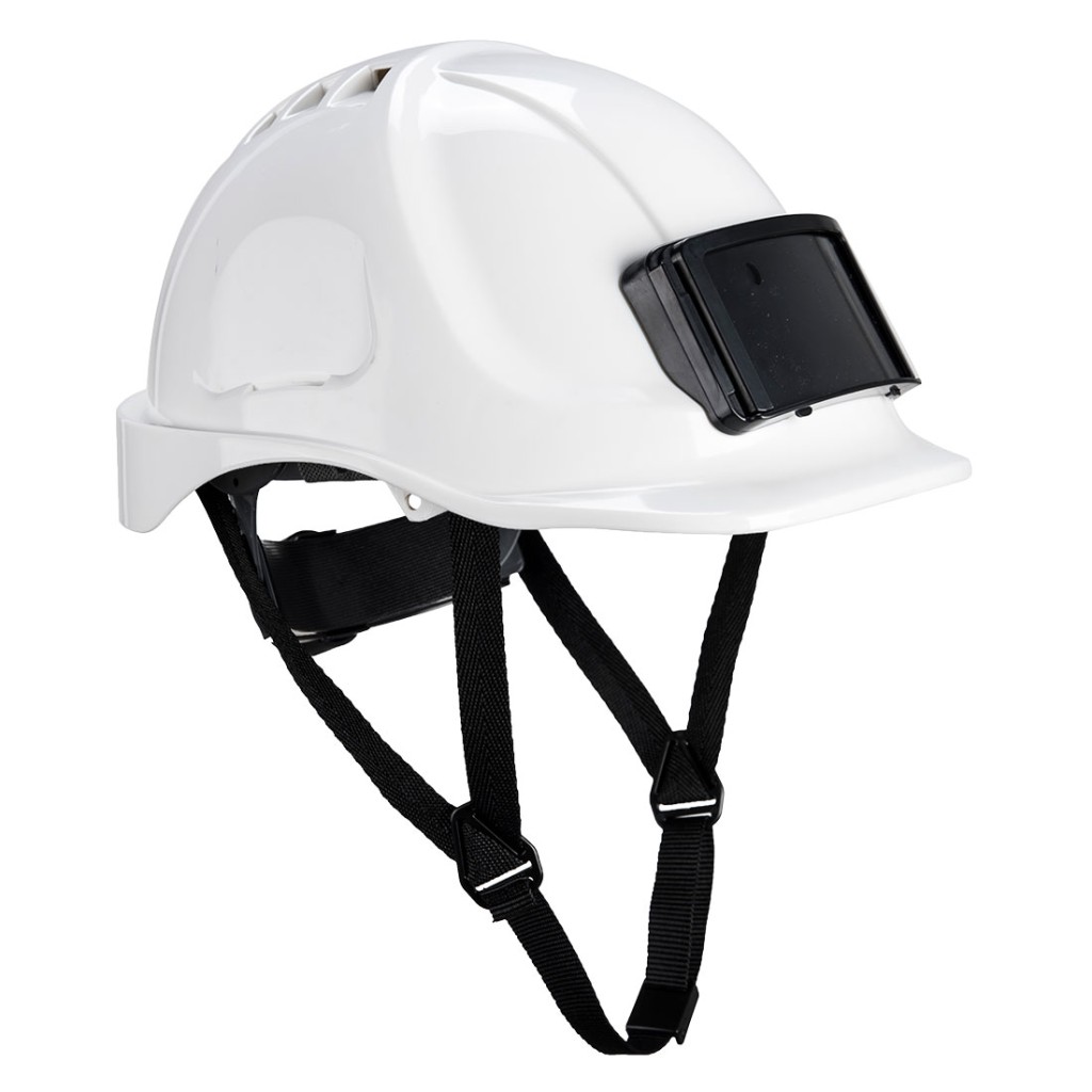 A white safety helmet with an adjustable suspension harness and ventilation slots, providing impact protection on construction sites.