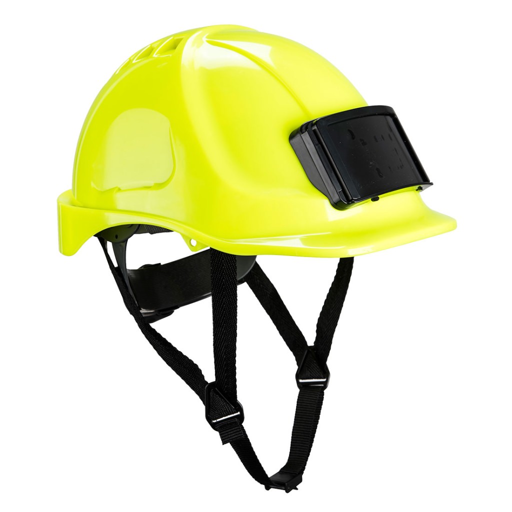 A yellow safety helmet with an adjustable suspension harness and ventilation slots, providing impact protection on construction sites.