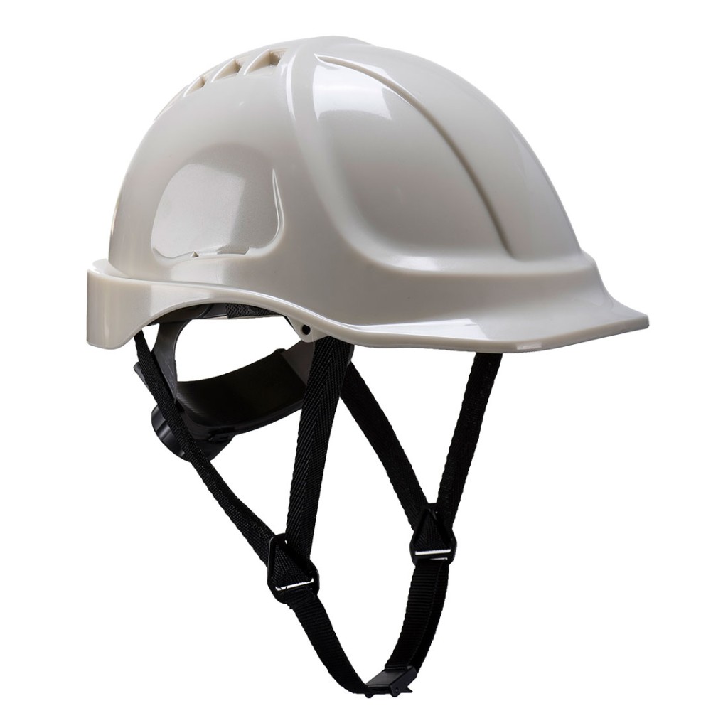 A safety helmet with an adjustable suspension harness and ventilation slots, providing impact protection on construction sites.