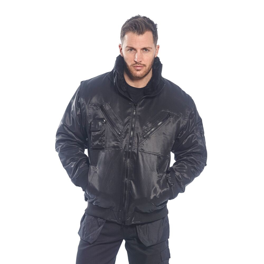 A black jacket designed for use on construction sites and in industrial work environments.,