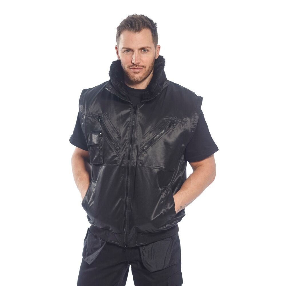 A black jacket designed for use on construction sites and in industrial work environments.,